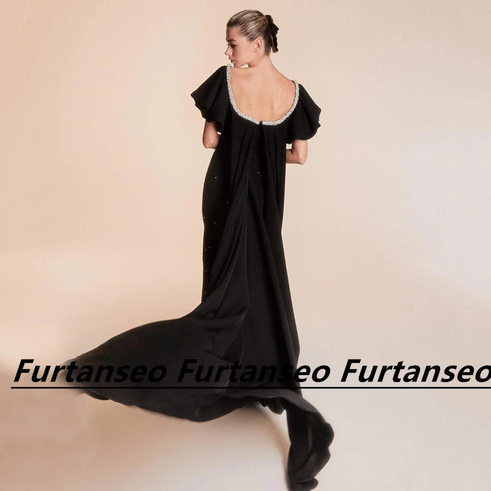 Vestido de baile preto acetinado para mulheres, manga curta com contas de cristal, sereia, ocasião formal