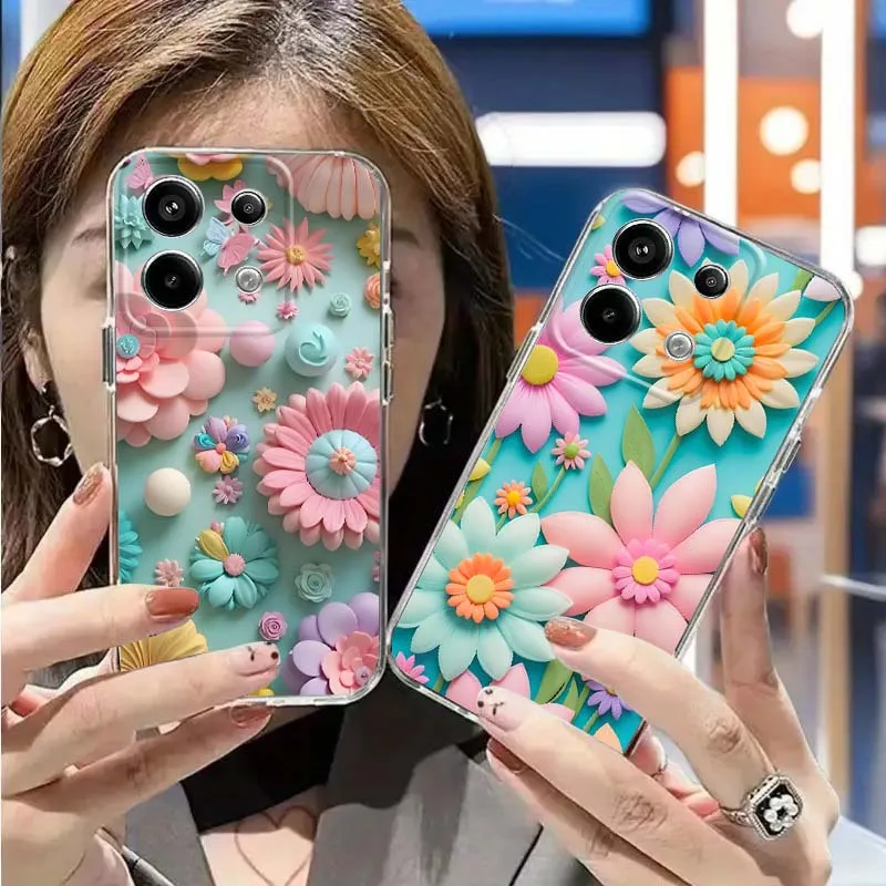Cartoon Colorful Paper Flowers Cover For Redmi K80 K70 K60 K50 12 11 Pro Plus Ultra 5G Protective Transparent Phone Case