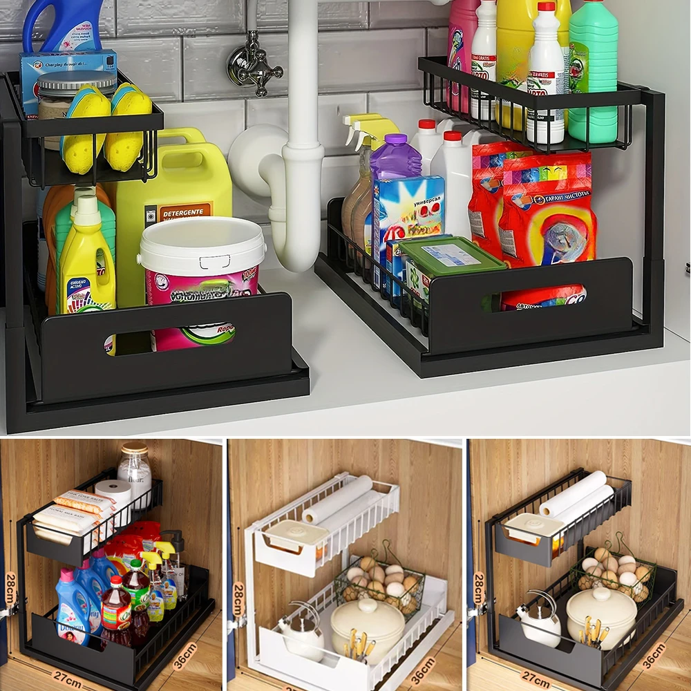 

1PC Under Sink Pull Out Storage Organizer Clear 2 Tier Drawer Kitchen Shelf Removable Bathroom Accessorie Meuble Cuisine Rack