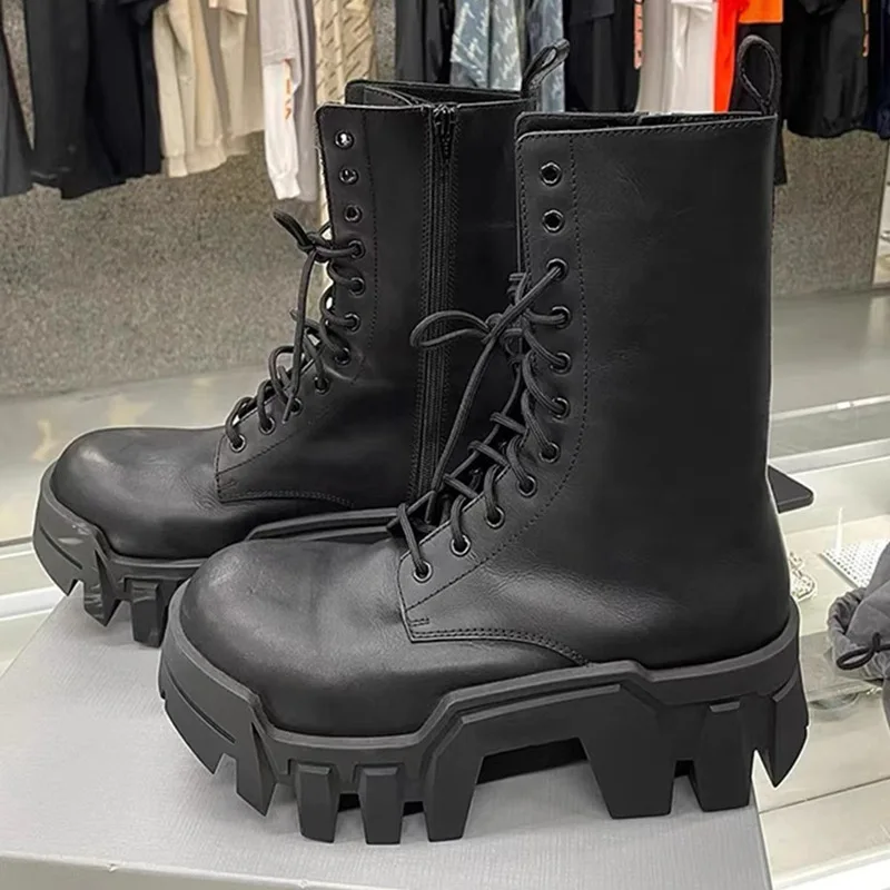 

Cowhide Genuine Leather Round Head Lace-up Punk Mid-Calf Women's Thick Bottom Handsome Increased Motorcycle Boots