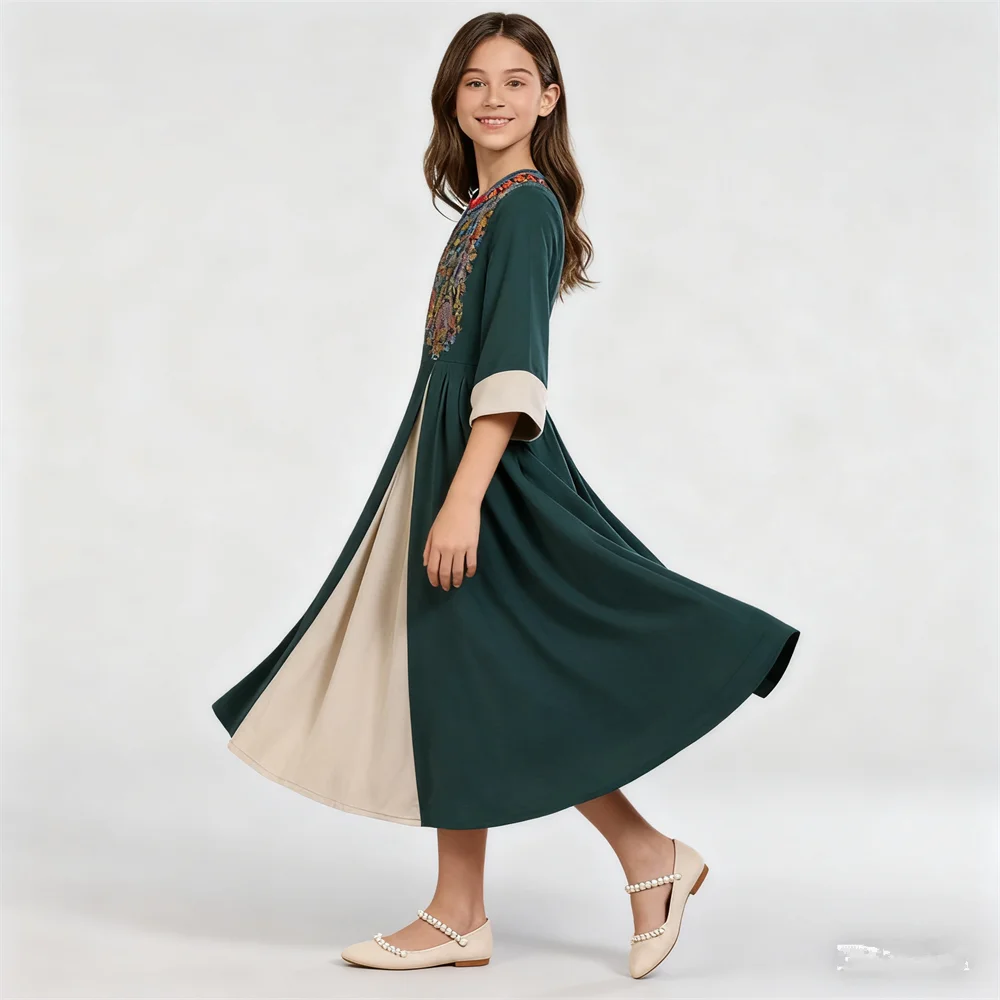 

Fashion Embroidery Party Dresses for Girls Kids Arabic Robe Eid Djellaba Ramadan Dubai Abaya Muslim Dress Kaftan Islam Jalabiya