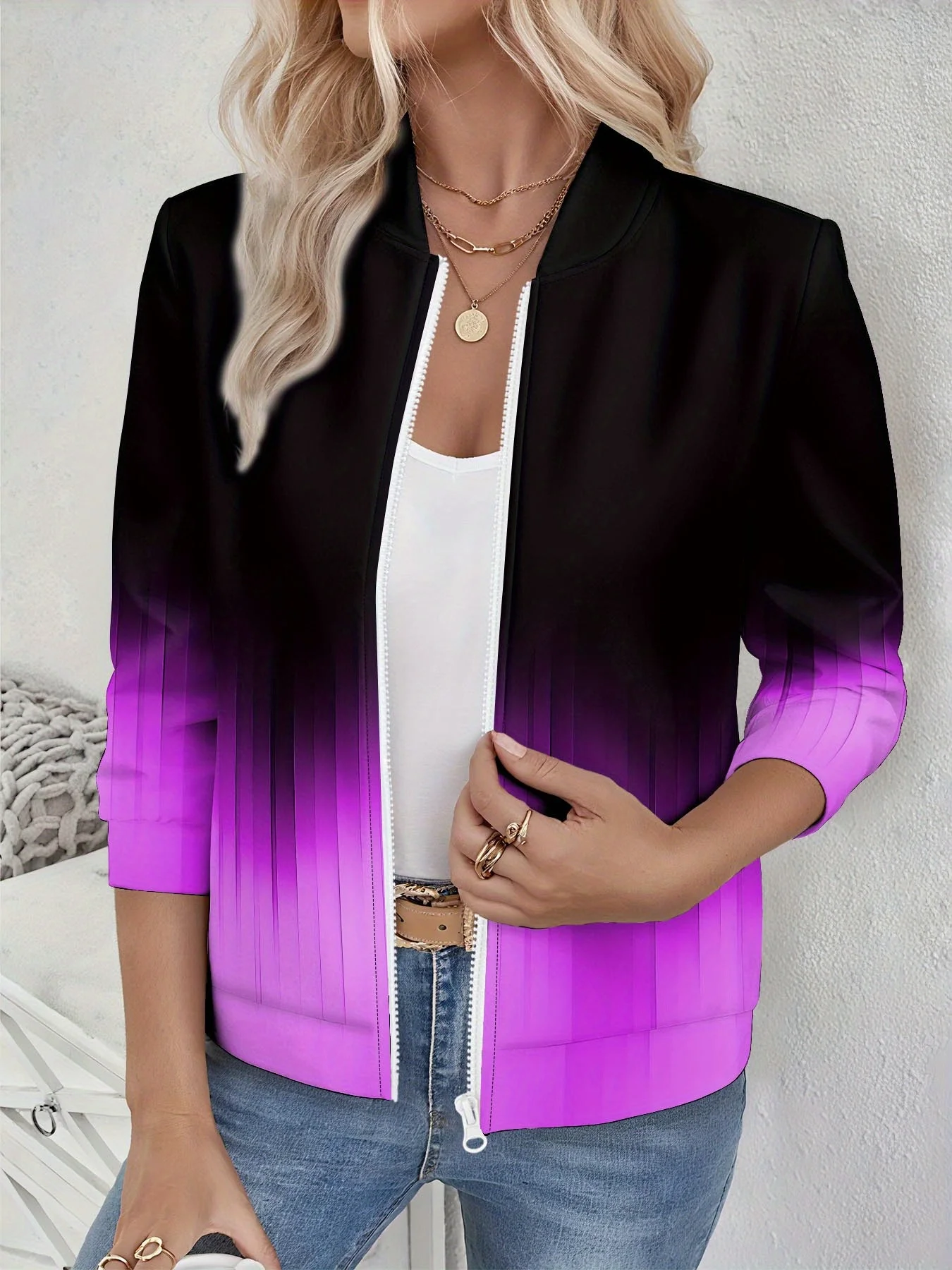 سترة نسائية بسحاب متدرج، تصميم أومبير أسود أرجواني، نمط كاجوال بأكمام طويلة، ملابس خارجية قابلة للغسل في الغسالة