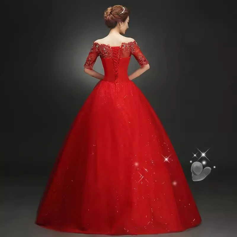 It's Yiiya Red Wedding Dresses Simple Crystall Bling Off the Shoulder Lace up Princess Floor-length Plus size Bride Ball Gowns