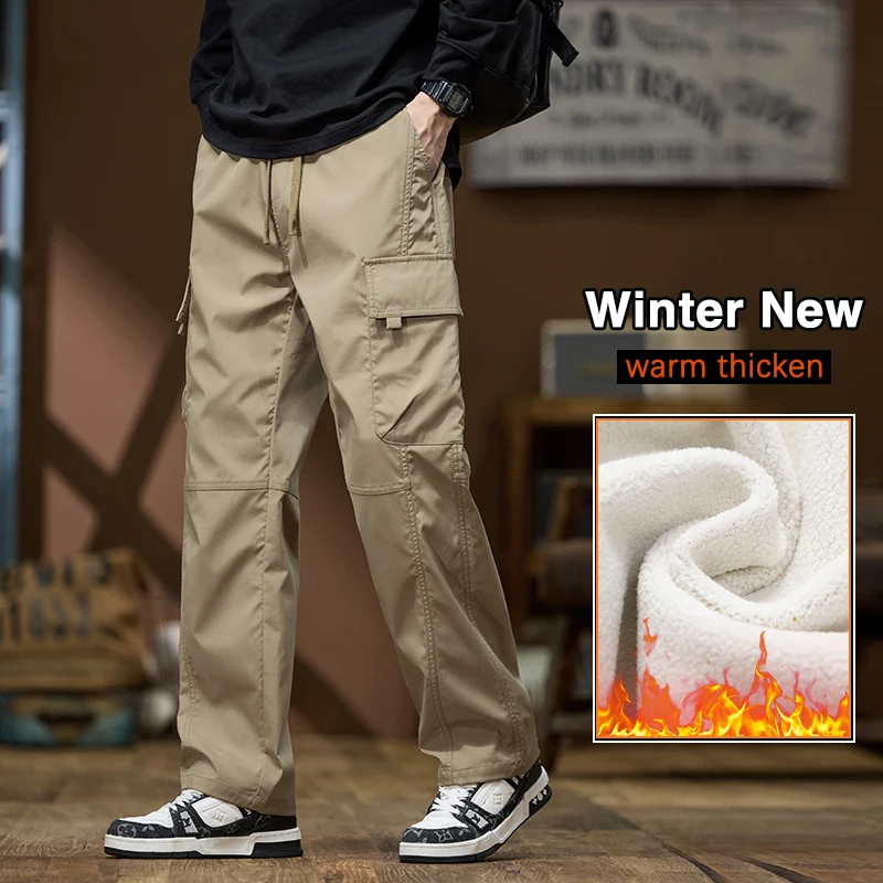 

Winter Fleece Men's Cargo Pants Casual Loose Wide Sweatpants Large Pockets Straight Thicken Warm Plush Velvet Male Trousers