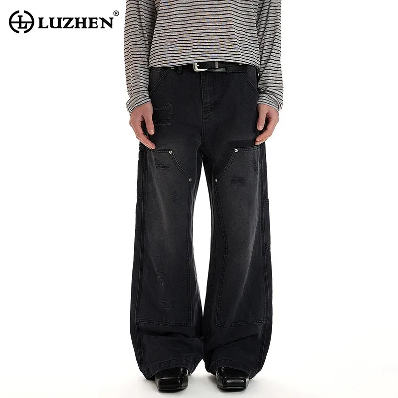 

LUZHEN 2026 Новые однотонные джинсы с нашивками и лоскутным дизайном, прямые, стильные, повседневные мужские джинсовые брюки JY6172