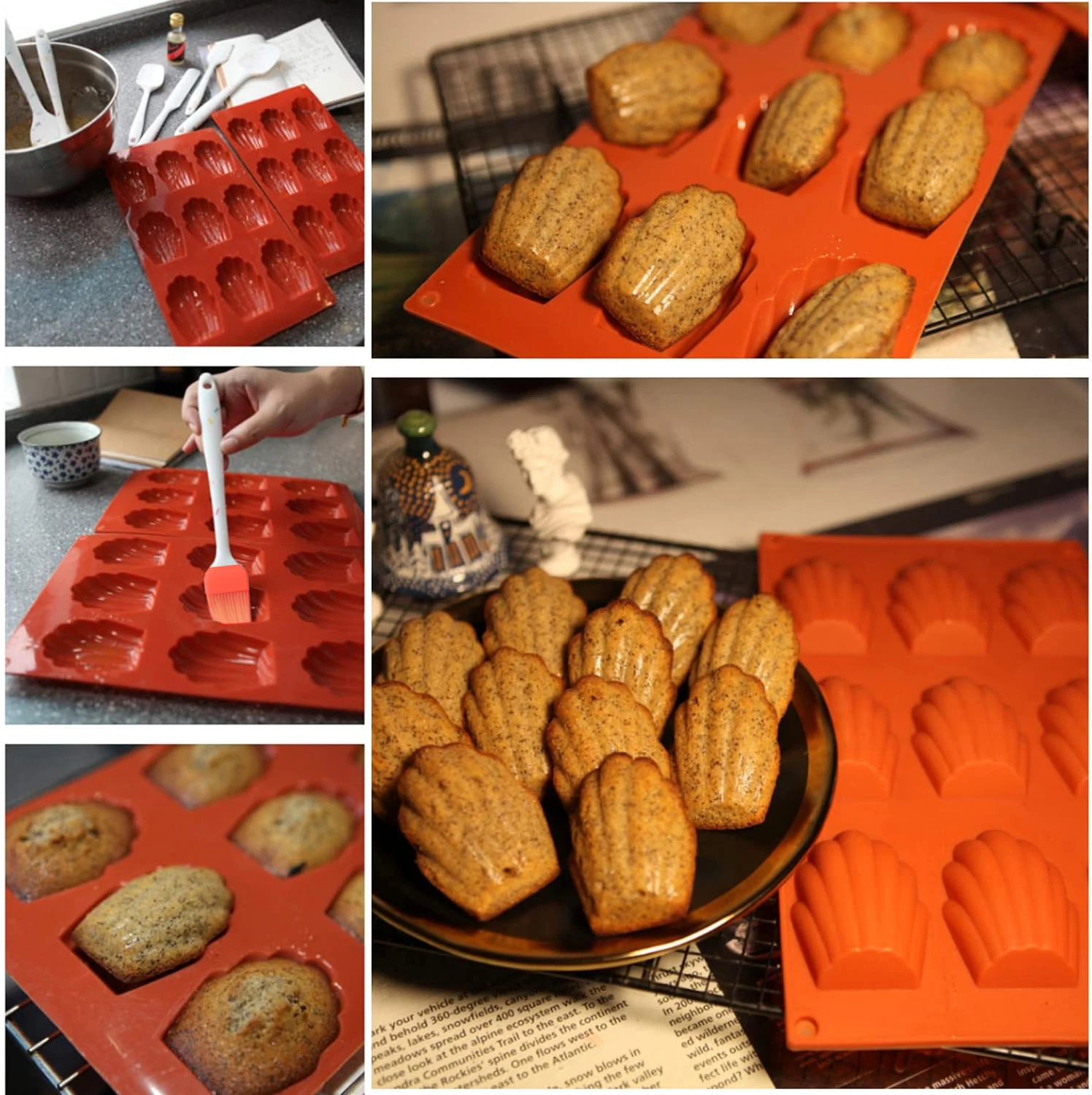 2 Piece Silicone Madeleine Mould Non-Stick 9 Cavities Reusable Shell Madeleine Mould with Brush for Biscuits Chocolate Pudding
