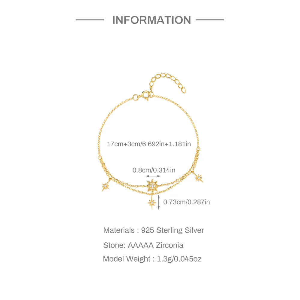 CANNER Eight-Pointed Star Zircon 925 Sterling Silver Bracelet For Women Ins Minimalism Versatile Butterfly Moon Bracelet Gift