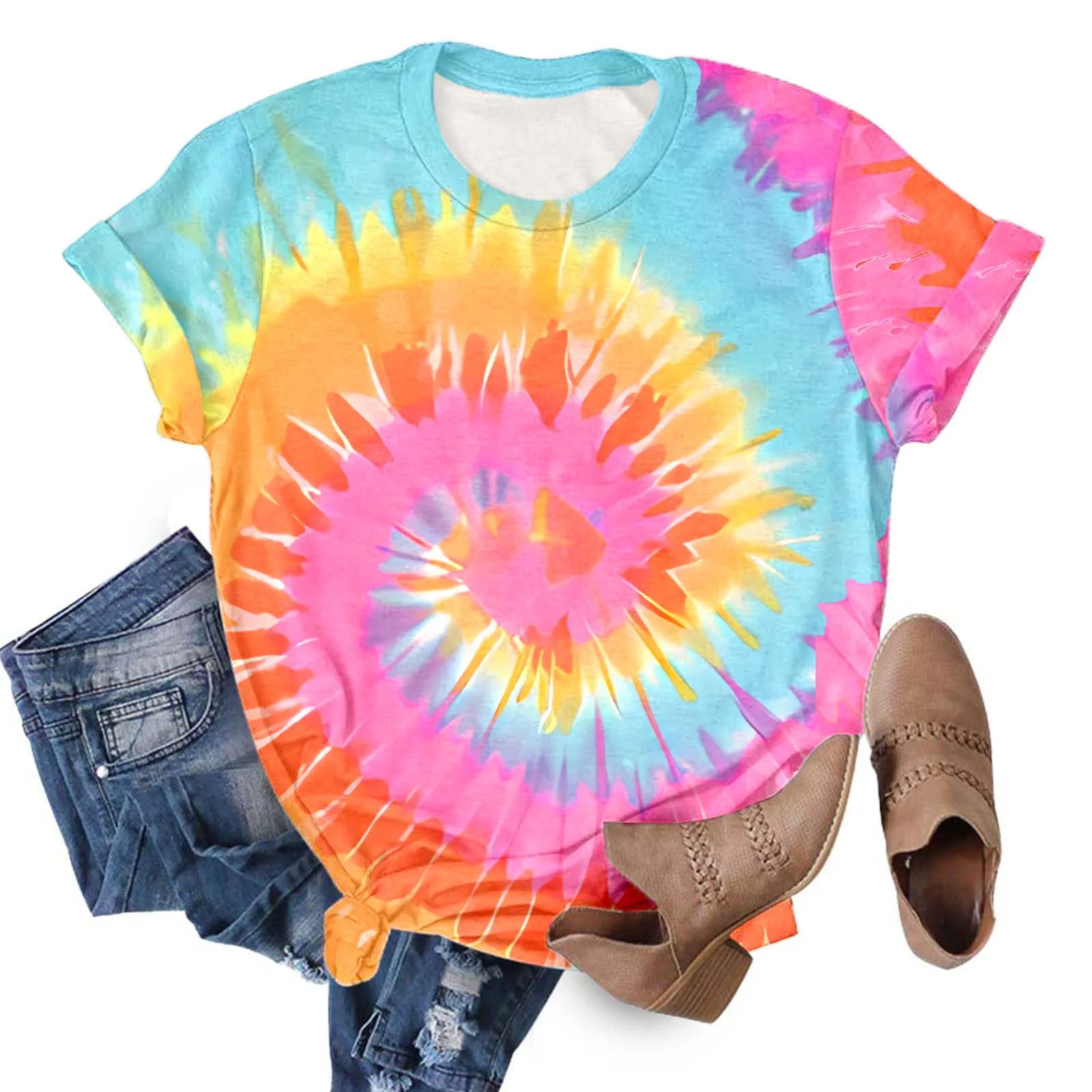 Women'S Tie Dye Printed Vintage Y2k T-Shirt Rainbow Funny Short Sleeve Beach Tees Classic Bohemiaround Neck Casual T-Shirt