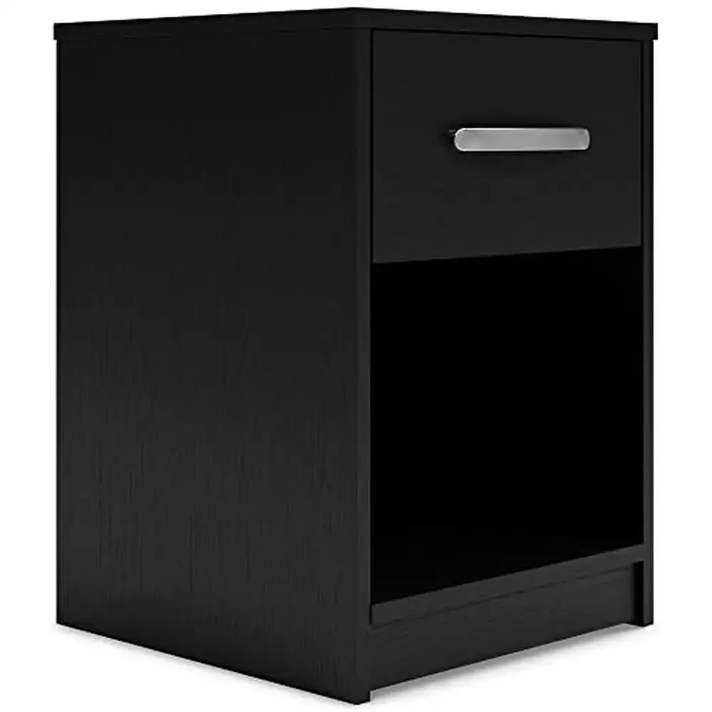 1 Drawer Modern Black Night Stand with Open Cubby Quality Crafted Bedside Table with Versatile Style and Handy Storage Easy