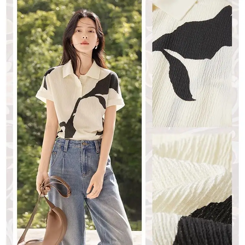 新しいファッショナブルなコントラストカラーのポロネック半袖シャツ女性の夏の新しい気質シャツ