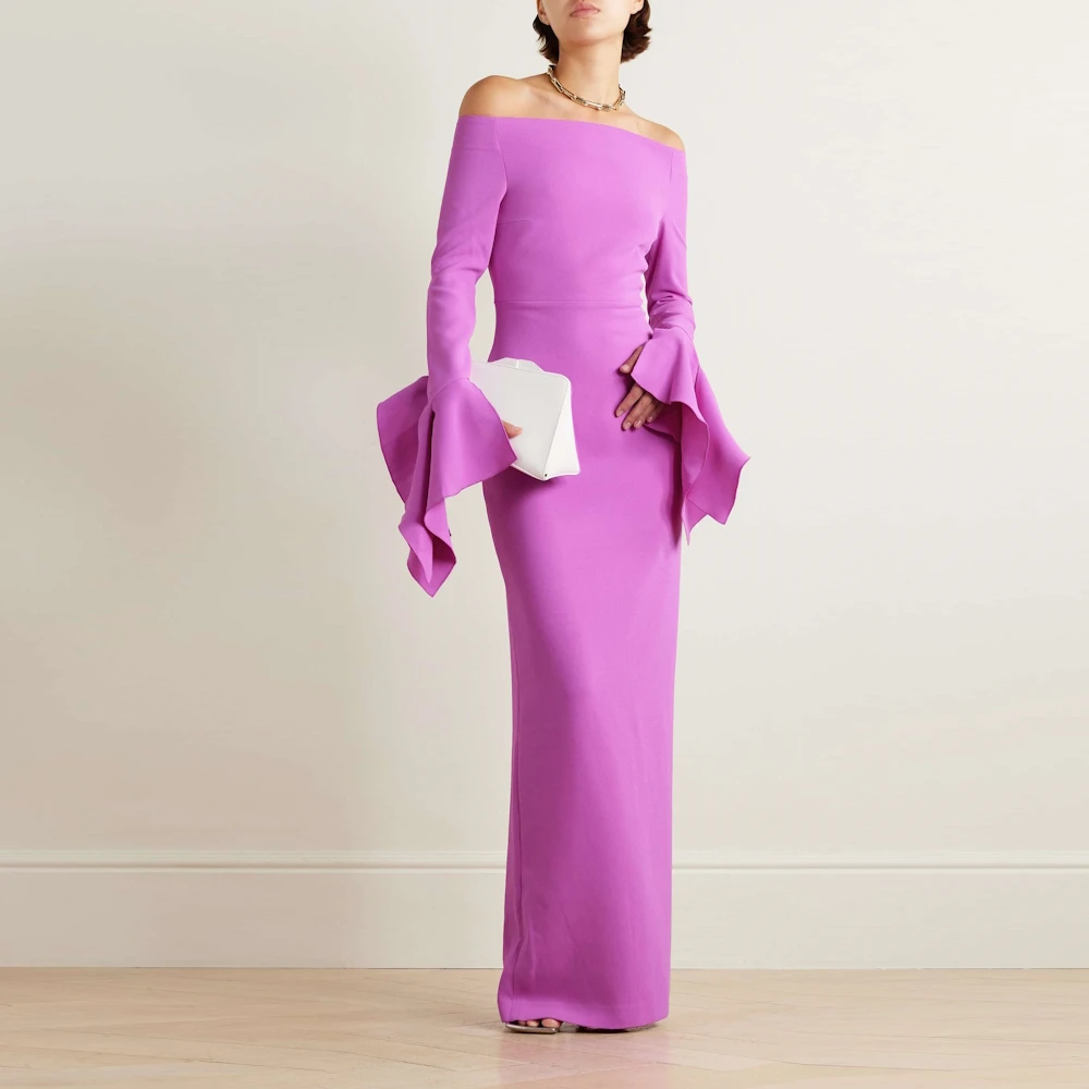 Muloong-Robe violette pour occasions formelles, col bateau, Arabie saoudite, manches évasées, longueur au sol, dos droit, fente, haute couture