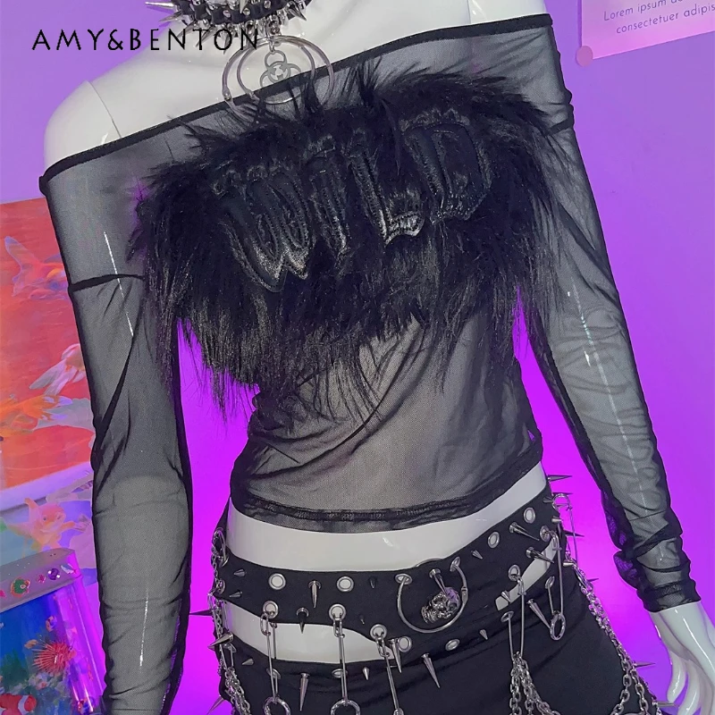 

European American Design Black Y2K Hot Girl Long Sleeve Bottoming Shirt 2025 Autumn New Furry Letter Embroidery Mesh Top Ladies