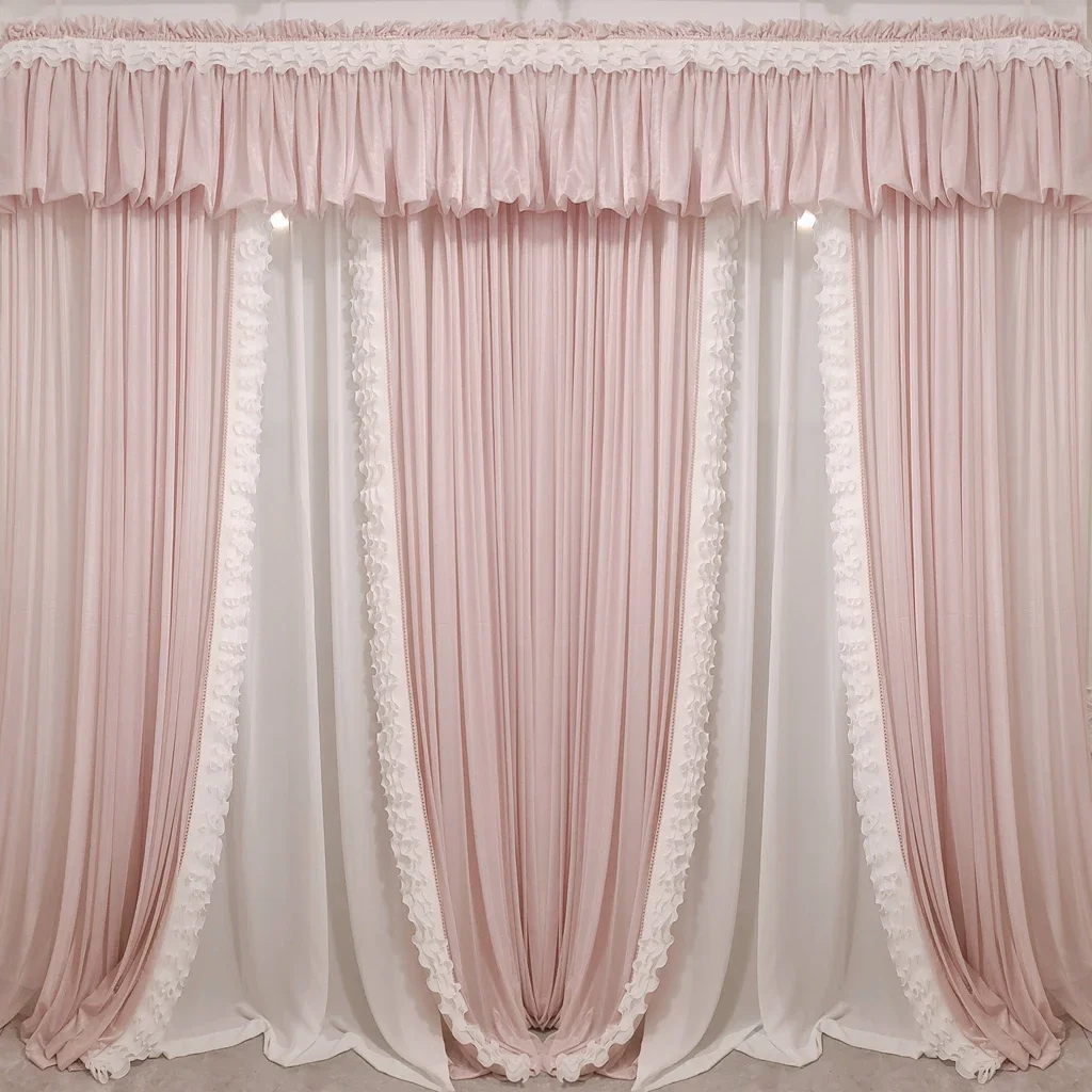 Custom French High-end Pink Romantic Lace Stitching Princess Style Curtains for Bedroom Living Room Pearl Window Screen