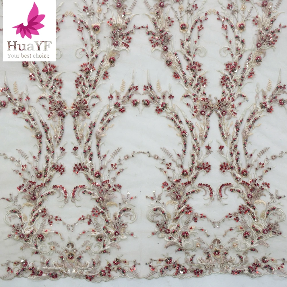 

1 yard High-end African Handmade Luxury Embroidery Beads Sequins Lace Women Wedding Dress Nigerian Mesh Fabric HY1718