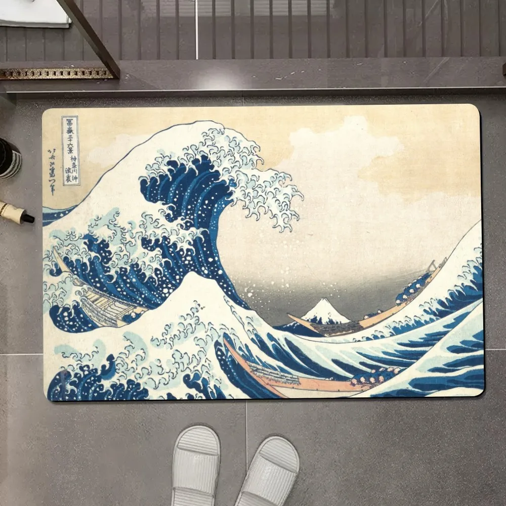 Great Wave Off Kanagawa Art Floor Mat Anti-Slip Kitchen Bedroom Handmade Tufted Rug Carpet Living Room Entrance Rug Home Decor