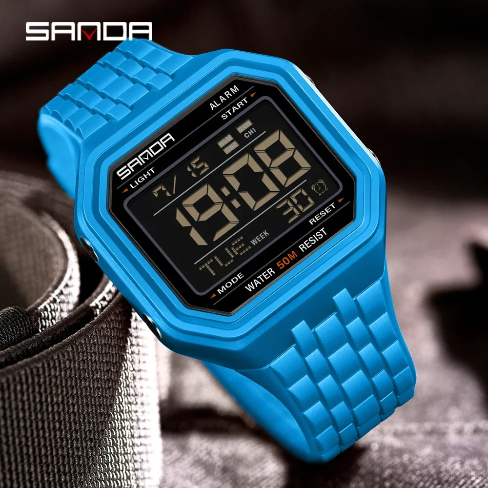 SANDA 6366 Retro Block Sports Electronic Watch for Male and Female Students, 50 Meter Waterproof Night Light Multifunctional