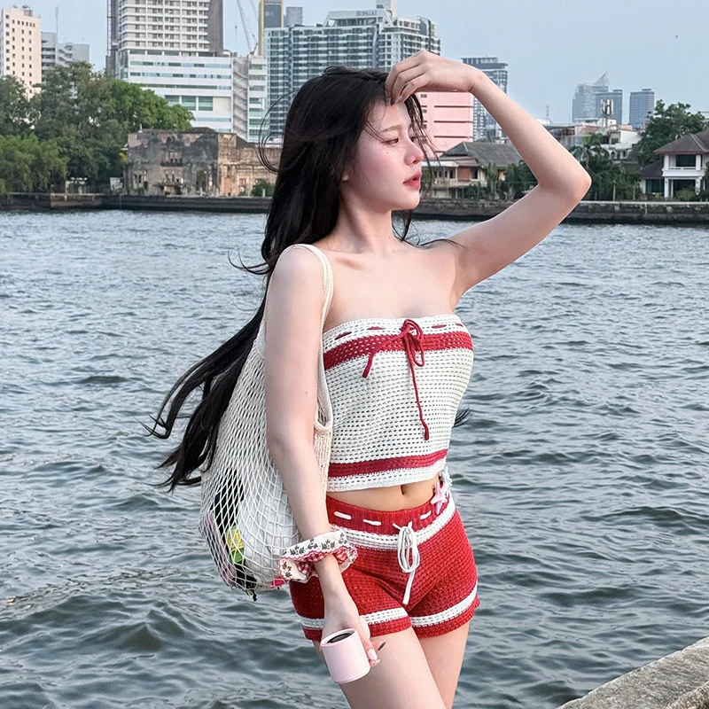 CUTENOVA Damen-Set aus Wolle, gestrickt, mit Kordelzug, Krawatte, kontrastierende Farbe, Streifen, trägerlos, aushöhlen, Tank-Top + dünne Shorts, zweiteiliges Set