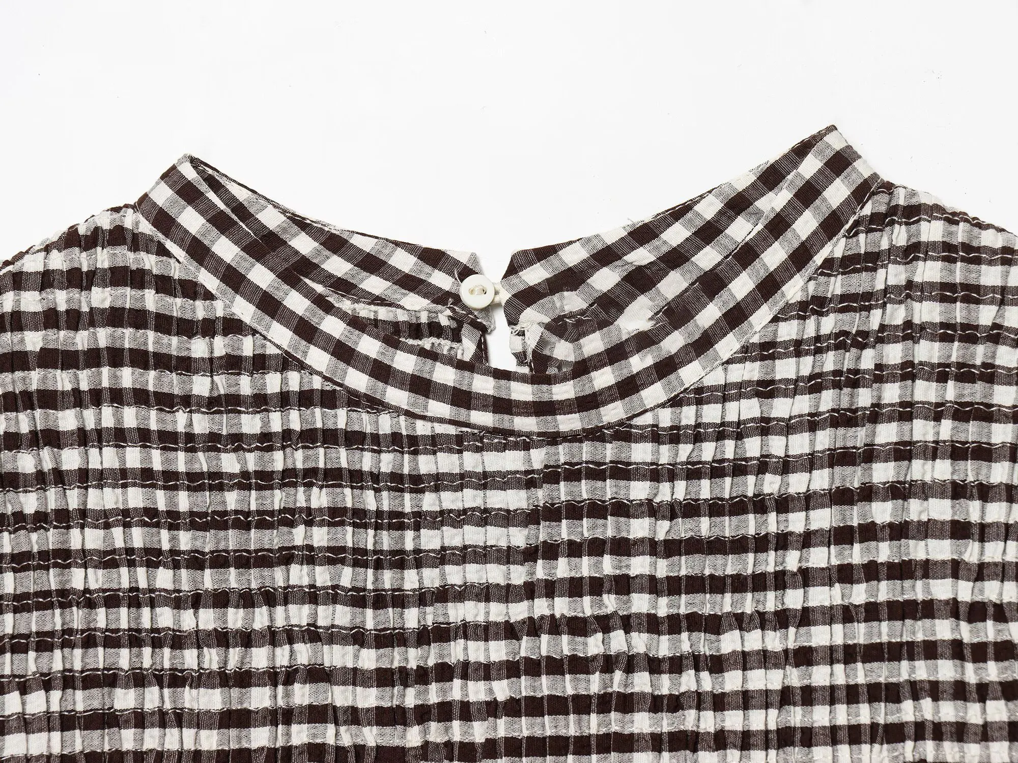 HH Vintage Damen Bluse mit Rüschensaum, elegantes Party-Shirt, modische Strand-Urlaubsbluse, kurze Puffärmel, lässige Sommer-Karo-Bluse, schmal geschnitten – Detail 5