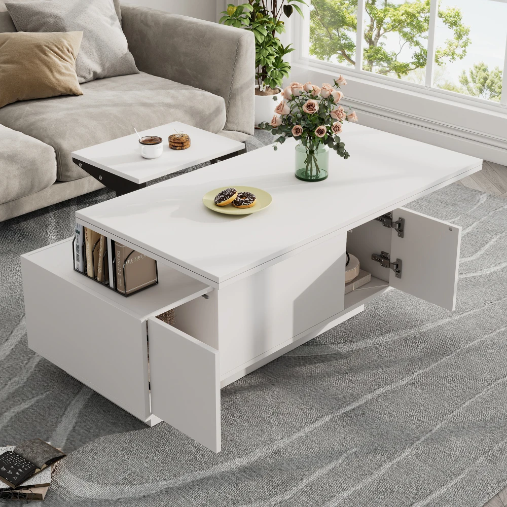 Table basse moderne avec double mécanisme de levage, grand espace de rangement dissimulé, capacité de charge jusqu'à 50 kg, table d'appoint multifonctionnelle à plateau relevable pour canapé, mobilier de salon domestique pour ranger collations, magazines, télécommandes et autres objets.