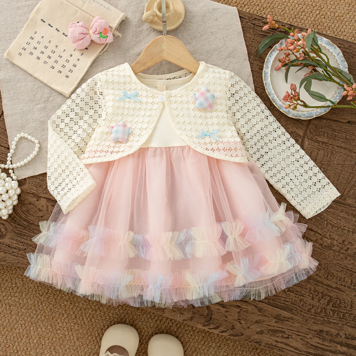 Toddler Girl Sweet Suit Bow Star Lace Cardigan And Sleeveless Tulle Dress Spring Fall Princess Set for 0-2Y Kids