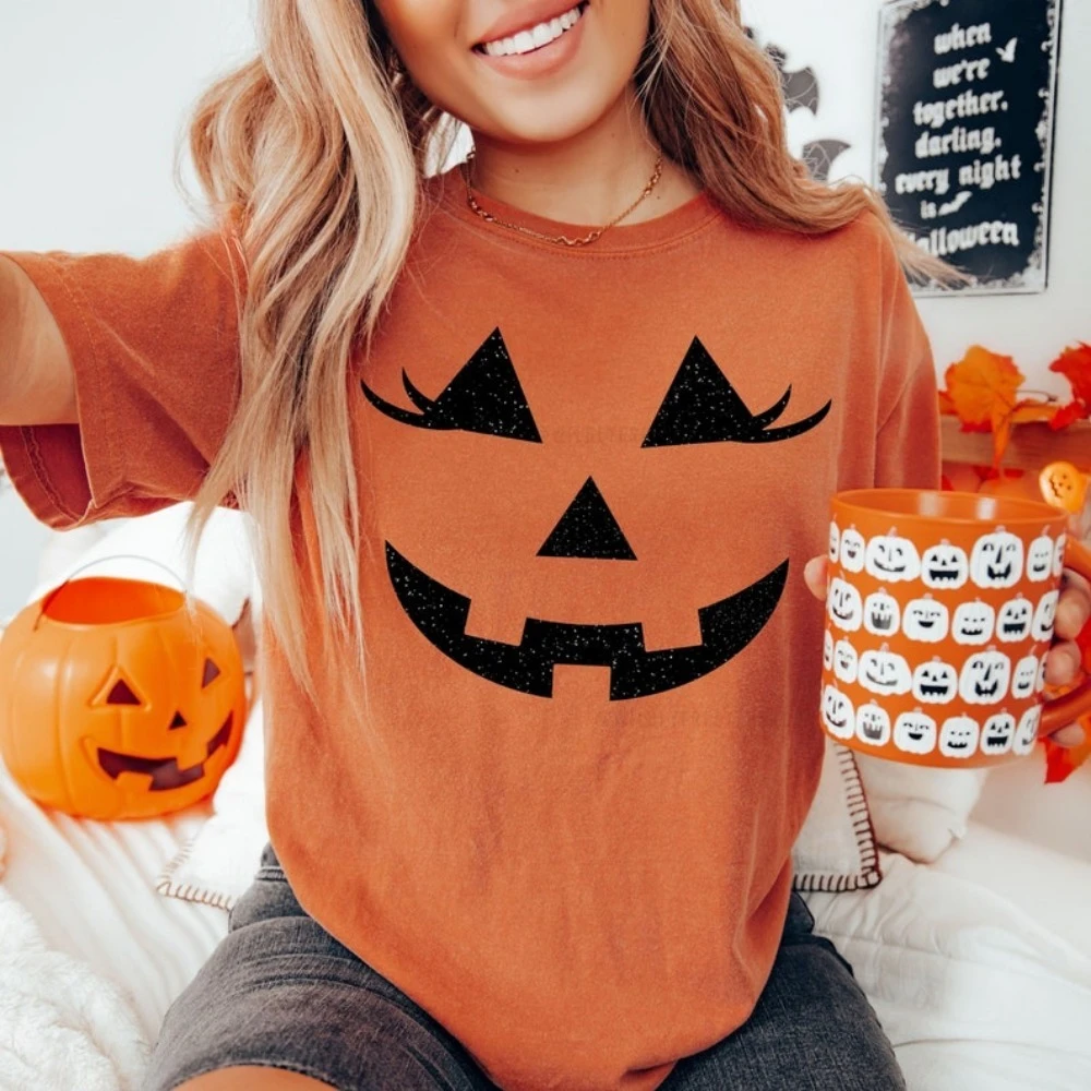 Glitter Jack O Lantern Pumpkin Face Halloween Costume Matching Family Tshirt Cute Pumpkin Shirt Women Men Girl Casual Clothing