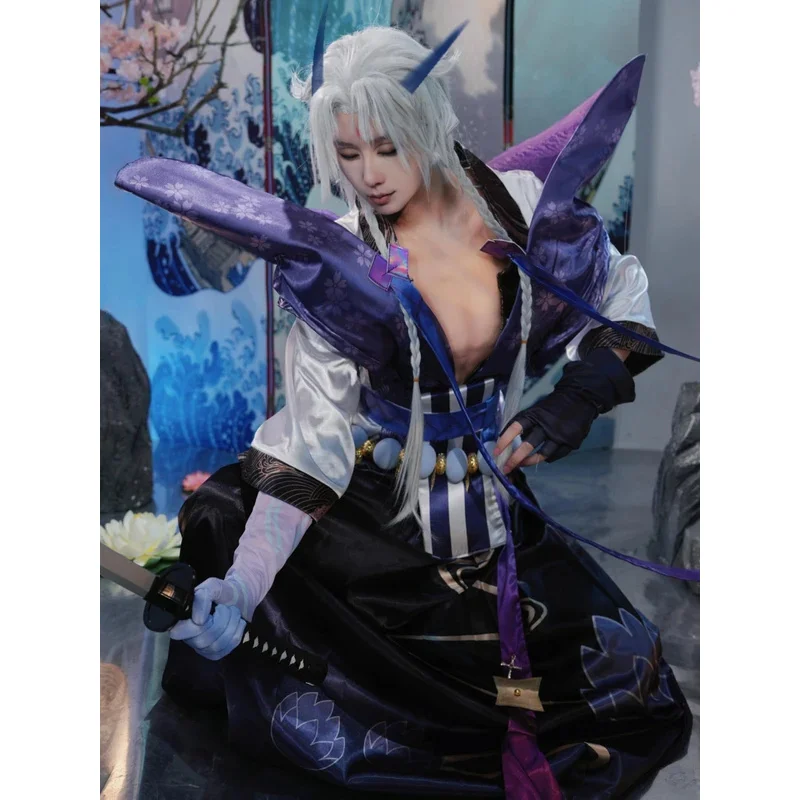 Gioco LOL Spirit Blossom Yone Costume Cosplay Parrucca Orecchini Corna Copricapi Uomo Halloween Party Carnevale Gioco di ruolo Outfit Stivali alti