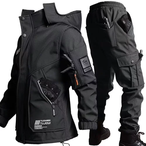 Imagen 2 del producto Nueva chaqueta de motocicleta para hombre con conjunto de entrenamiento de terciopelo de otoño e invierno, chaqueta impermeable antidesgaste resistente al frío, regalos de vacaciones
