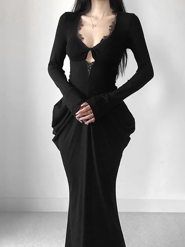 RORORIRI-Vestido largo negro de encaje con empalme para mujer, vestido largo con cuello en V, plisado, Sexy, ajustado, cola de pez, ceñido al cuerpo, ropa gótica oscura de una pieza