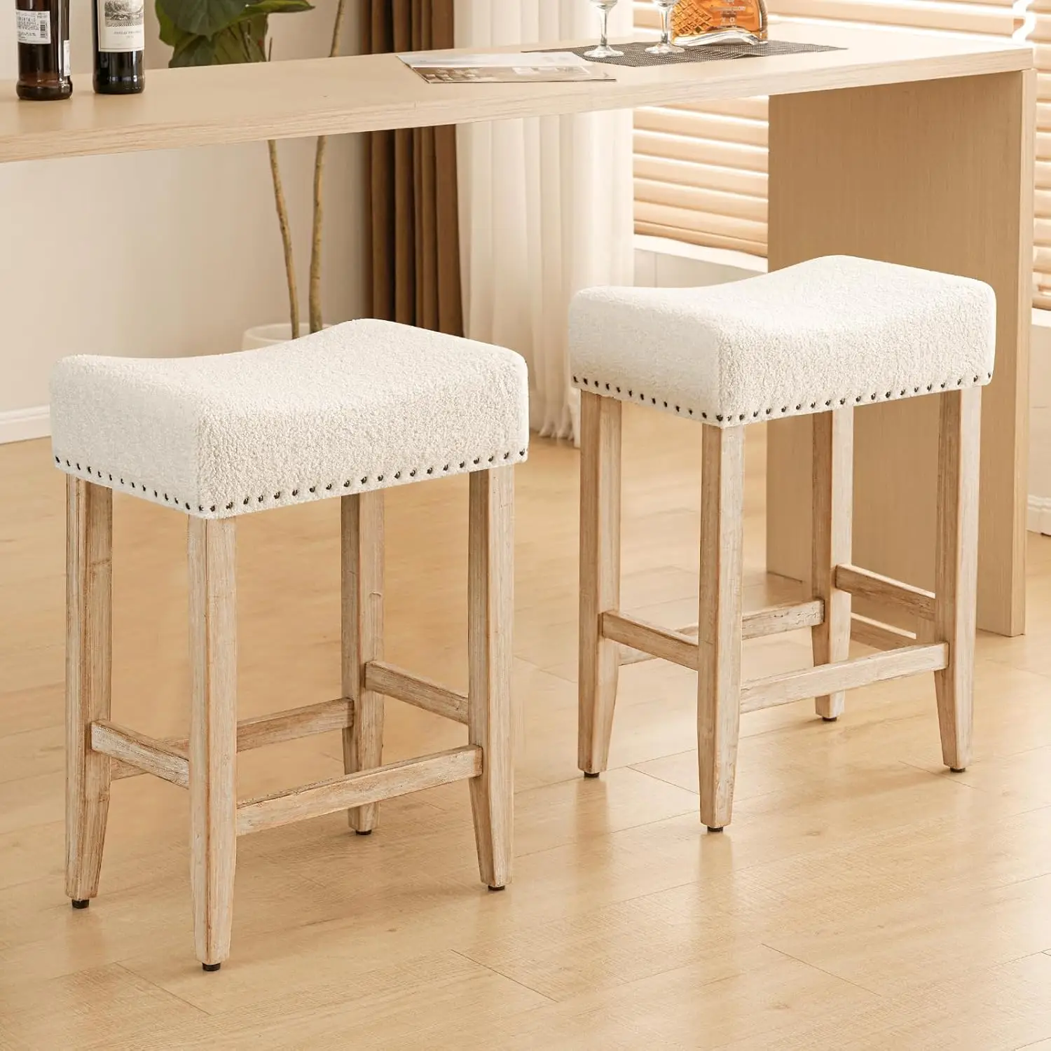 Furniliving Bar Stools Set Of 2,25.7 Inch Counter Height Bar Stools,Upholstered Kitchen Barstools With Solid Wooden Legs,