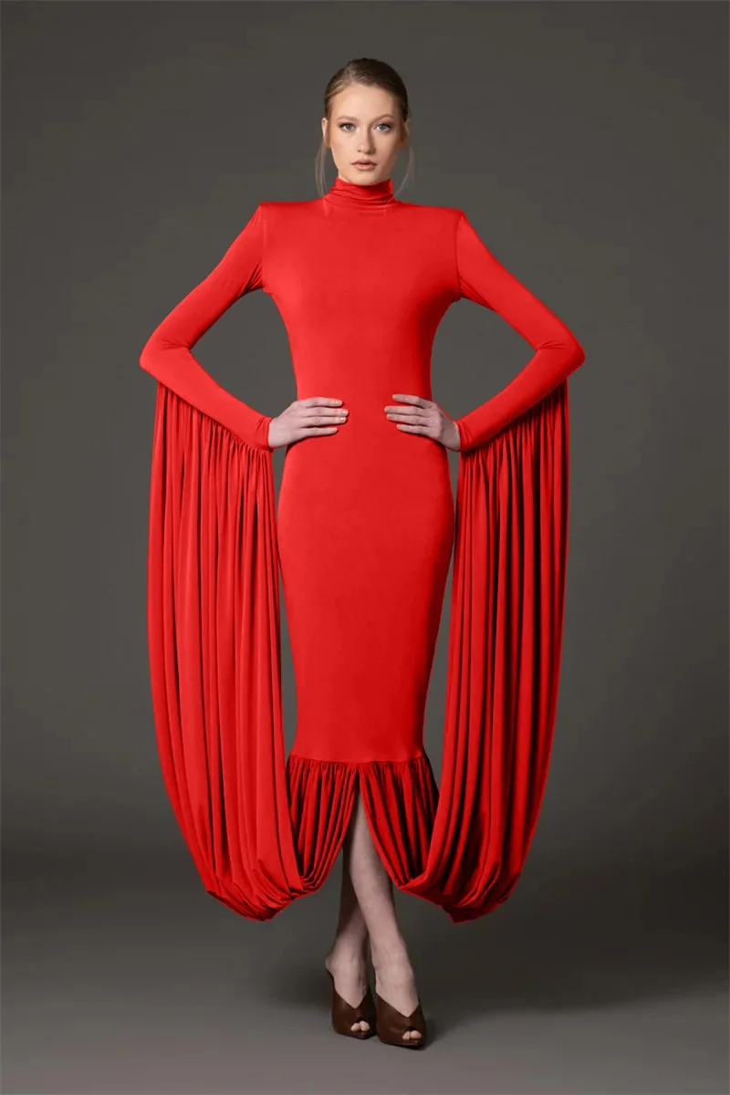 

Красное платье для выпускного вечера, сексуальное платье русалки с высоким воротом и длинными рукавами, весна-осень, официальное свадебное вечернее платье, свадебное платье для банкета и вечеринки