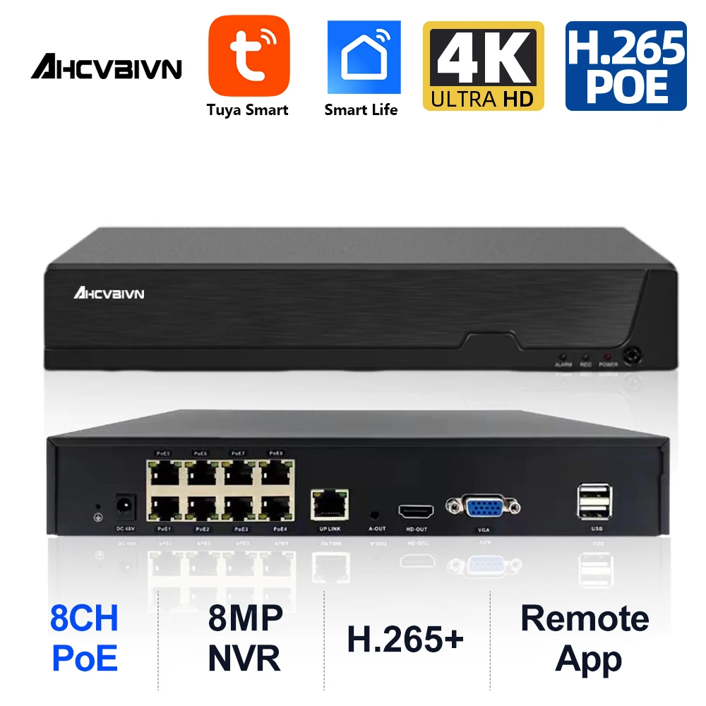 스마트 라이프 8CH 4K HD POE NVR 보안 시스템, 사람 감지 8MP 투야 CCTV 네트워크 비디오 감시 녹음기, 8 채널 4CH