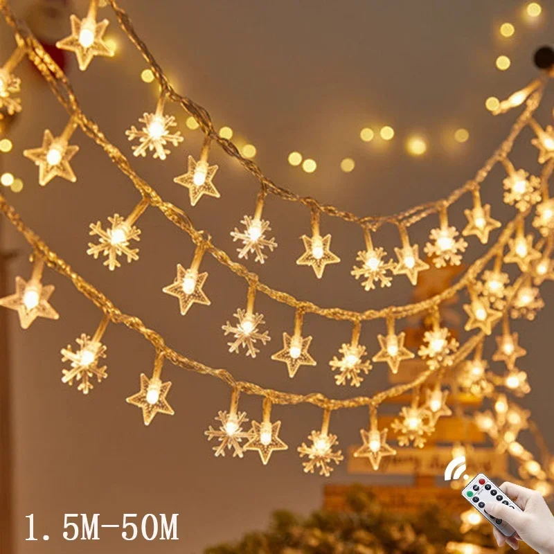 

3M-50M Christmas Snowflakes LED String Lights Flashing Fairy Lights Waterproof For Holiday Party 2023 New Year Xmas Decoration