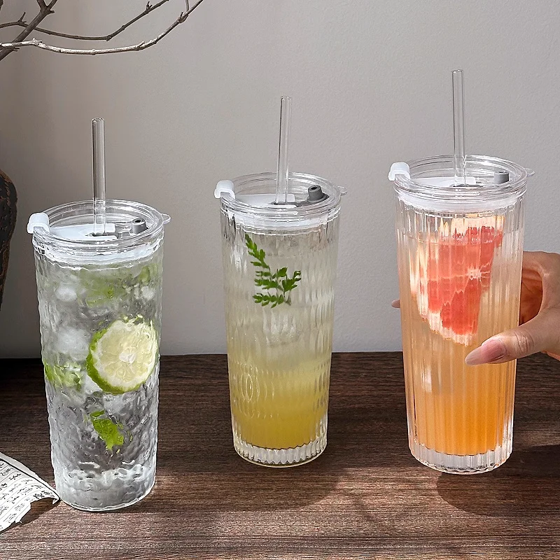 كوب عصير شفاف ذو مظهر عالي القيمة، كوب زجاجي جديد، كوب ماء للمكتب، مشروب ذو سعة كبيرة مع كوب من القش بغطاء ﻿