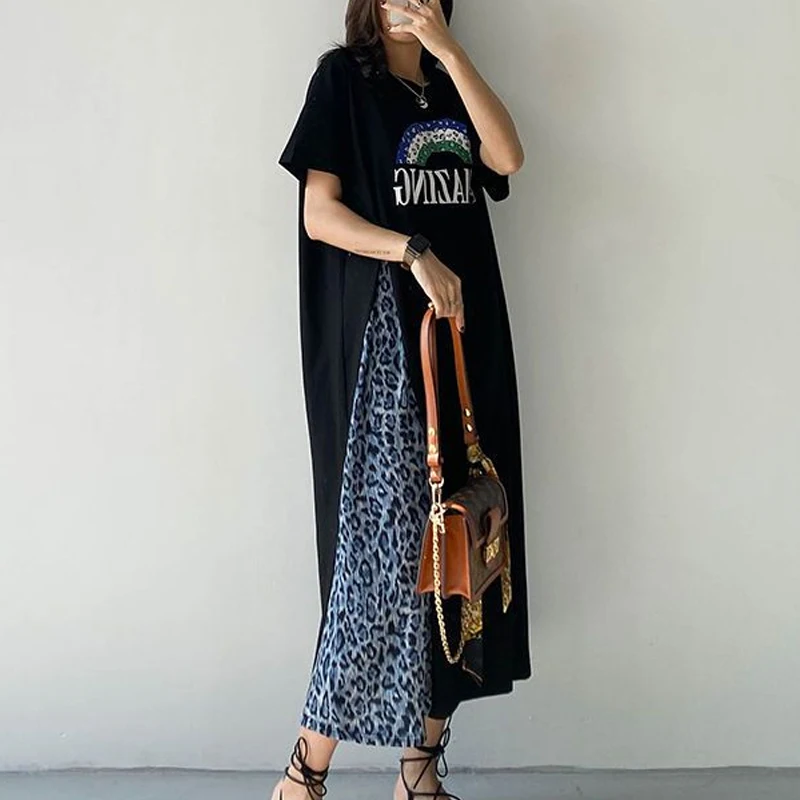 Robe t-shirt à manches courtes et col rond pour femmes, robes décontractées Y2K, patchwork léopard, impression Asells, mode estivale, nouveau