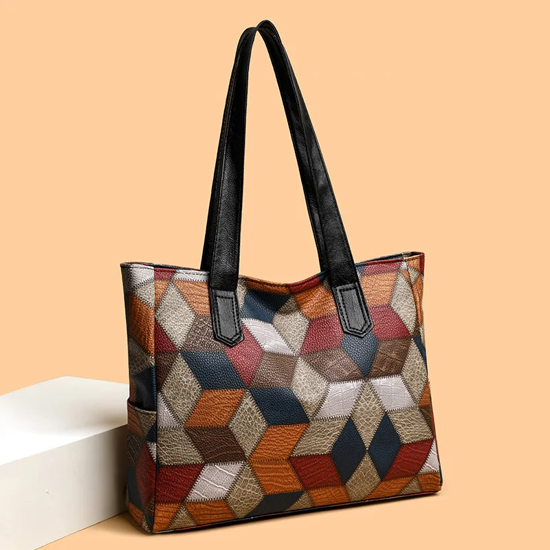 Large Capacity Patchwork Colorful Casual Tote Bags For Women, Vintage Plaid Shoulder Bag For Daily commuting Ladies Handbags