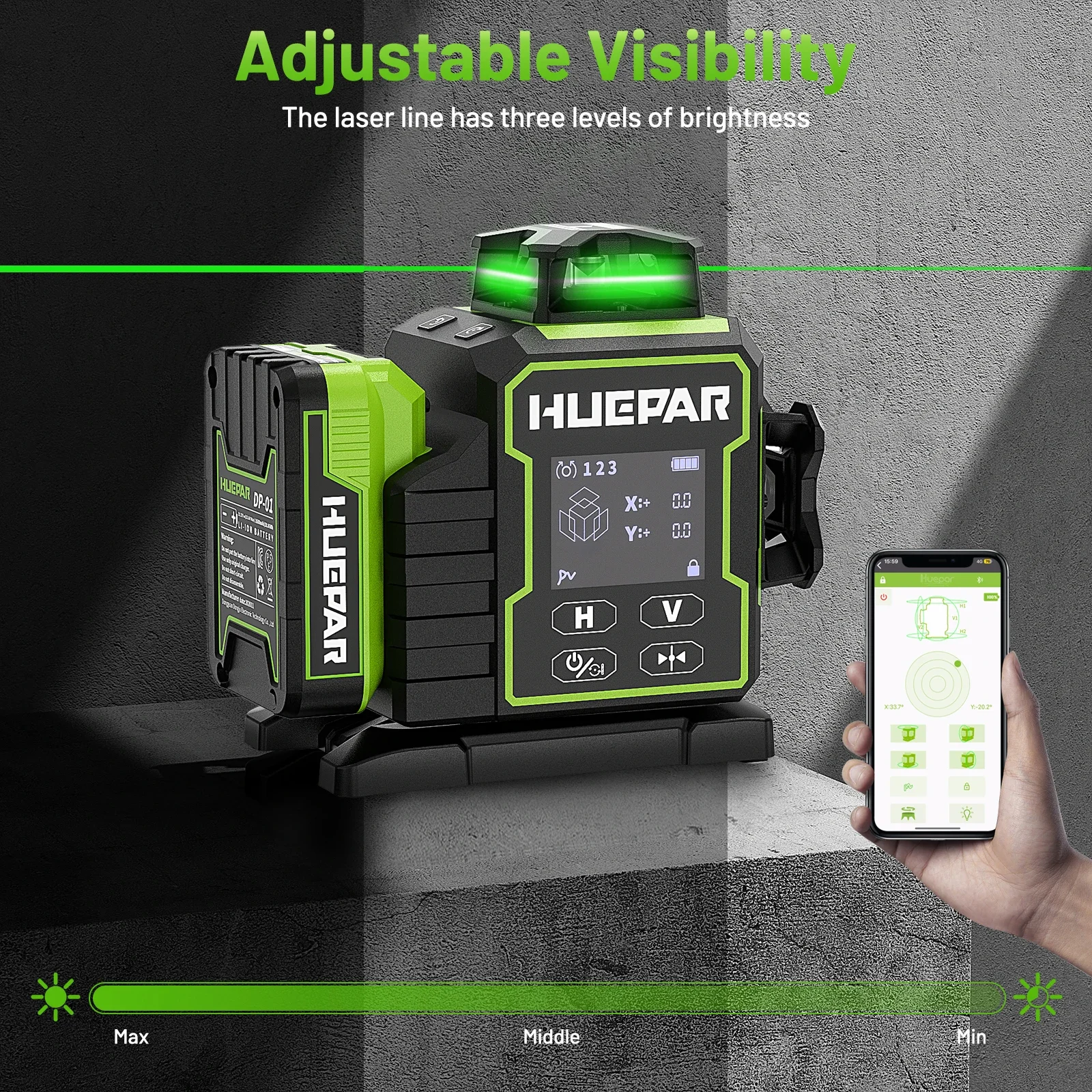 Huepar W03CG Laser Level Green Cross 3D 12 Lines Bluetooth Lazer Leveler With Electric Rotating Base & Large LCD Screen & Remote