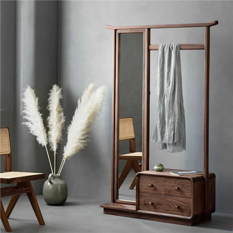 Black walnut solid wood new Chinese coat rack with mirror rotating floor fitting mirror