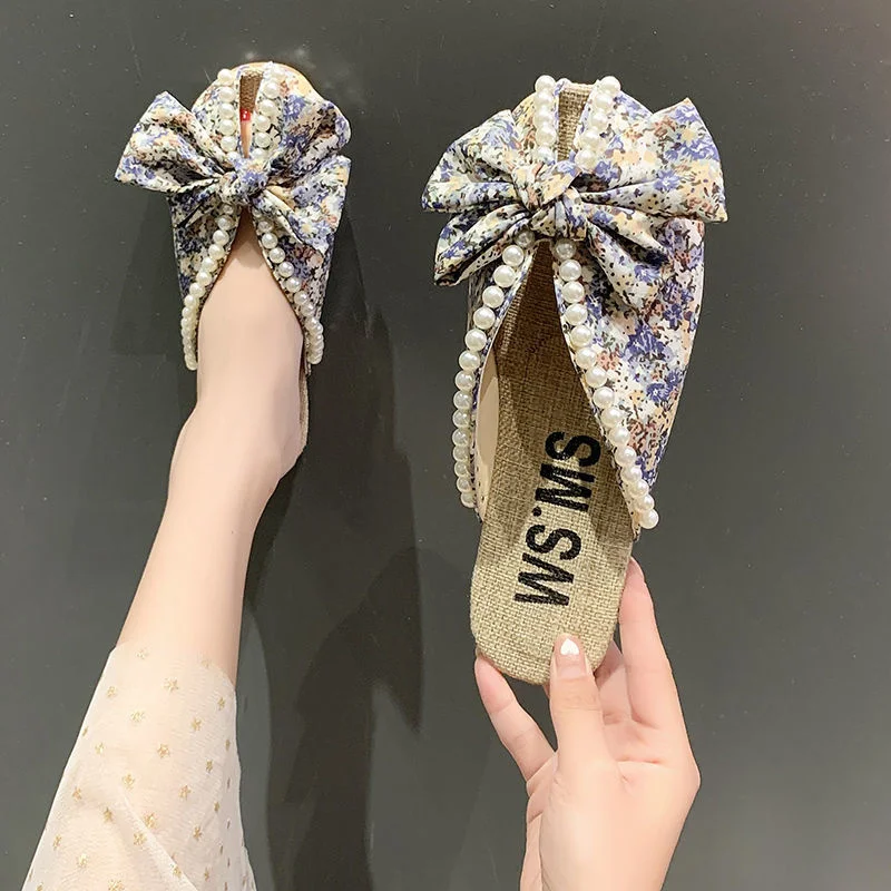 Women Slippers Summer 2022 New Fashion Flower Pearl Bow Sandales Femmes Sandalias Sweet Shoes Women Flat Slippers for Women