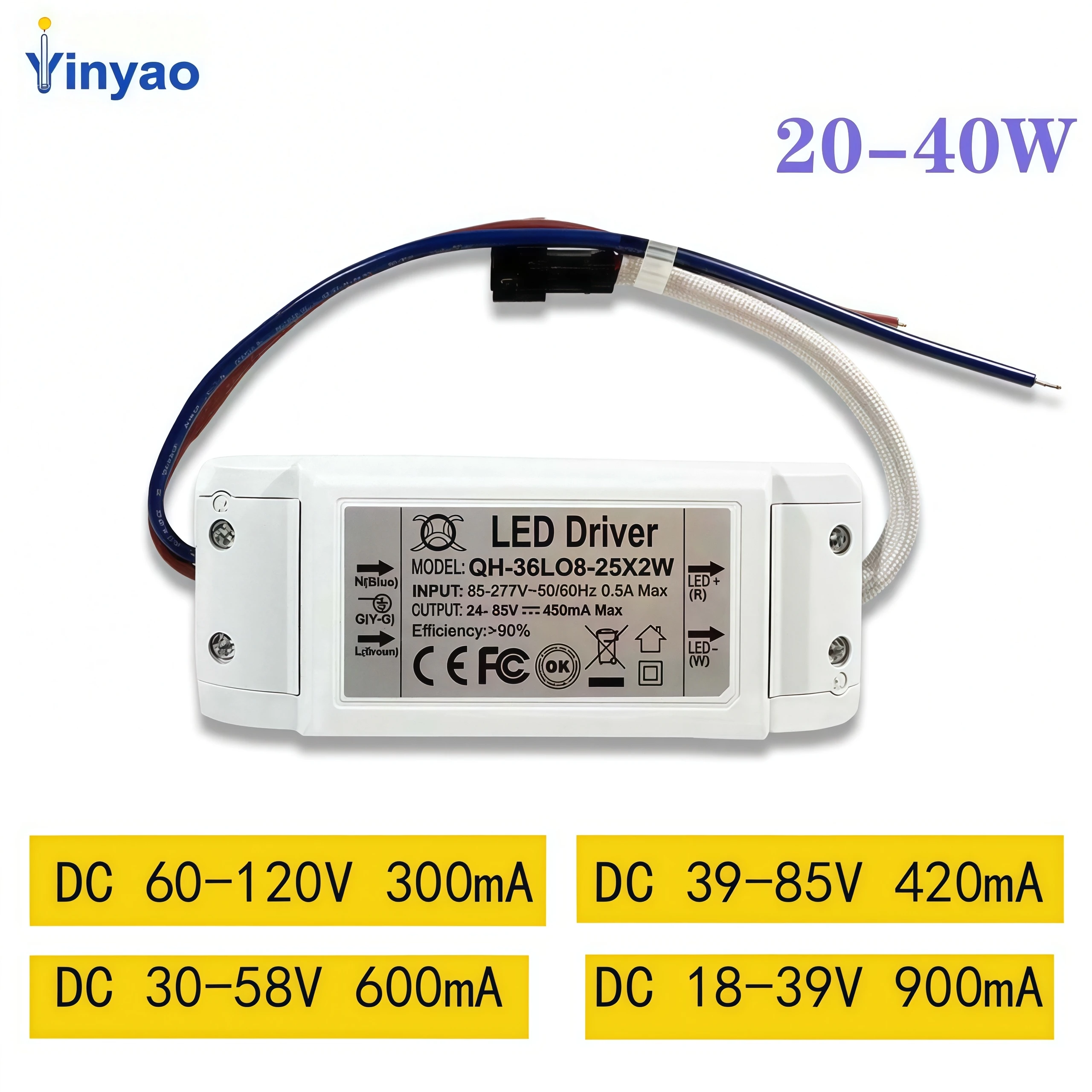 1 шт., 20 Вт, 24 Вт, 28 Вт, 30 Вт, 36 Вт, 40 Вт, светодиодный драйвер, источник питания, широкое напряжение переменного тока, 85-277 В, 900 мА, 600 мА, 420 мА, 300 мА, трансформатор освещения