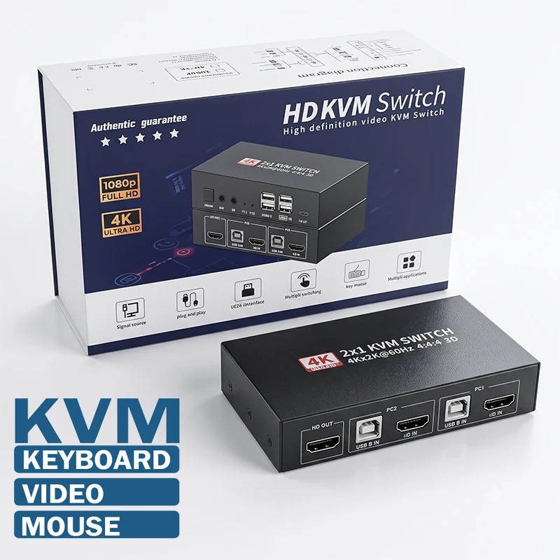 2-Port HDMI KVM Switch 2 in 1 out 4K 60Hz HDMI KVM Selector USB2.0 Hub Switcher für 2 PCs, gemeinsamer Zugang zu 1 Monitor, Tastatur, Maus, Drucker
