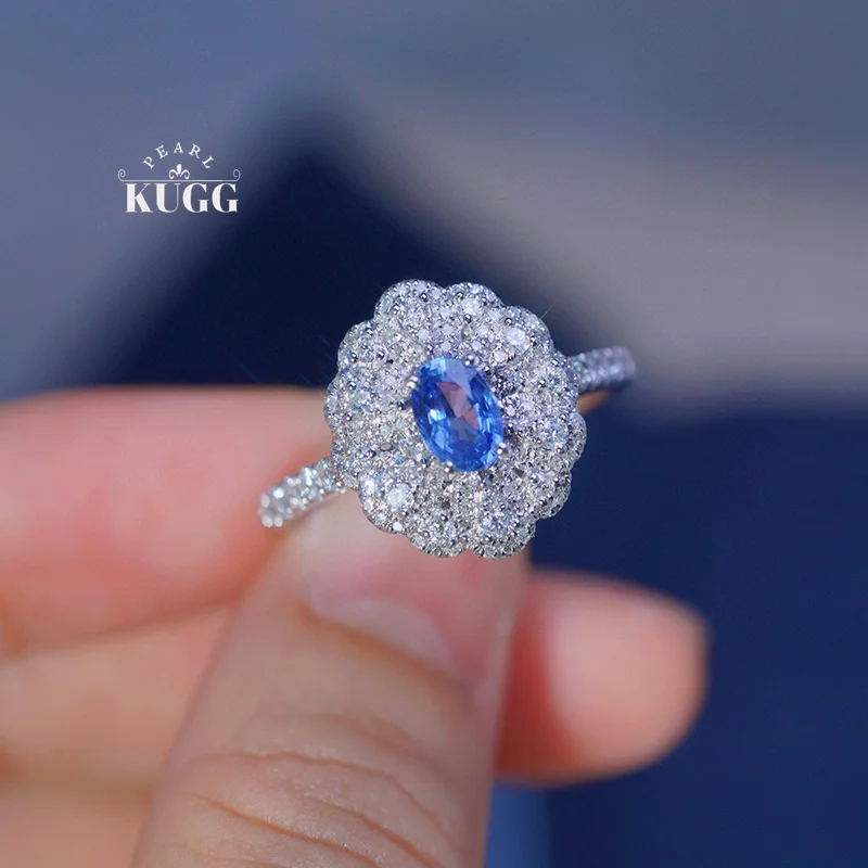 KUGG 100% 18K White Gold Rings Luxury Romantic Style Natural Diamond Natural Sapphire Ring for Women High Engagement Jewelry