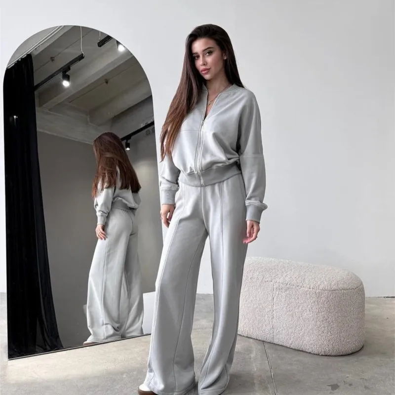 Autumn Zipper Cardigan Sets To Woman 2024 Tracksuit Suits Solid Baggy Pants Sportswear Women Sweater 2 Piece Set Women Outfits