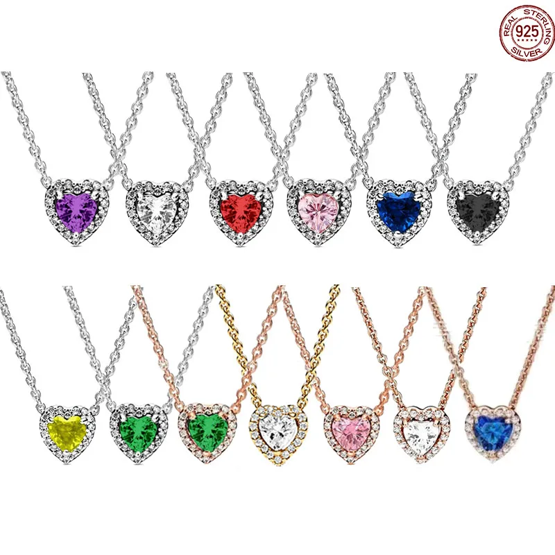 

Hot selling 925 sterling silver red heart necklace paired with sparkling and colorful heart-shaped pendant, charm jewelry gift