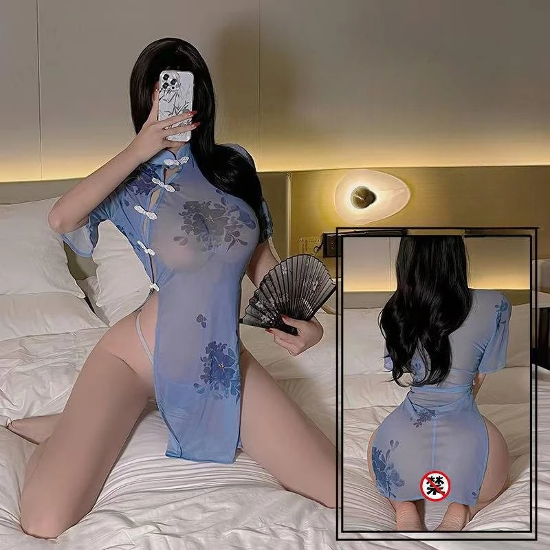 

Новое эротическое белье в китайском стиле, сексуальное чернильное белье Jiangnan Cheongsam, перспективный комплект униформы с высокой талией и разрезом для женщин, классический