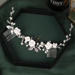 Silver Color Rose Flowers Pearls Tiaras Hair Combs Leaf Crystal Two Combs Headband Women Wedding Hair Accessories Bridal Jewelry
