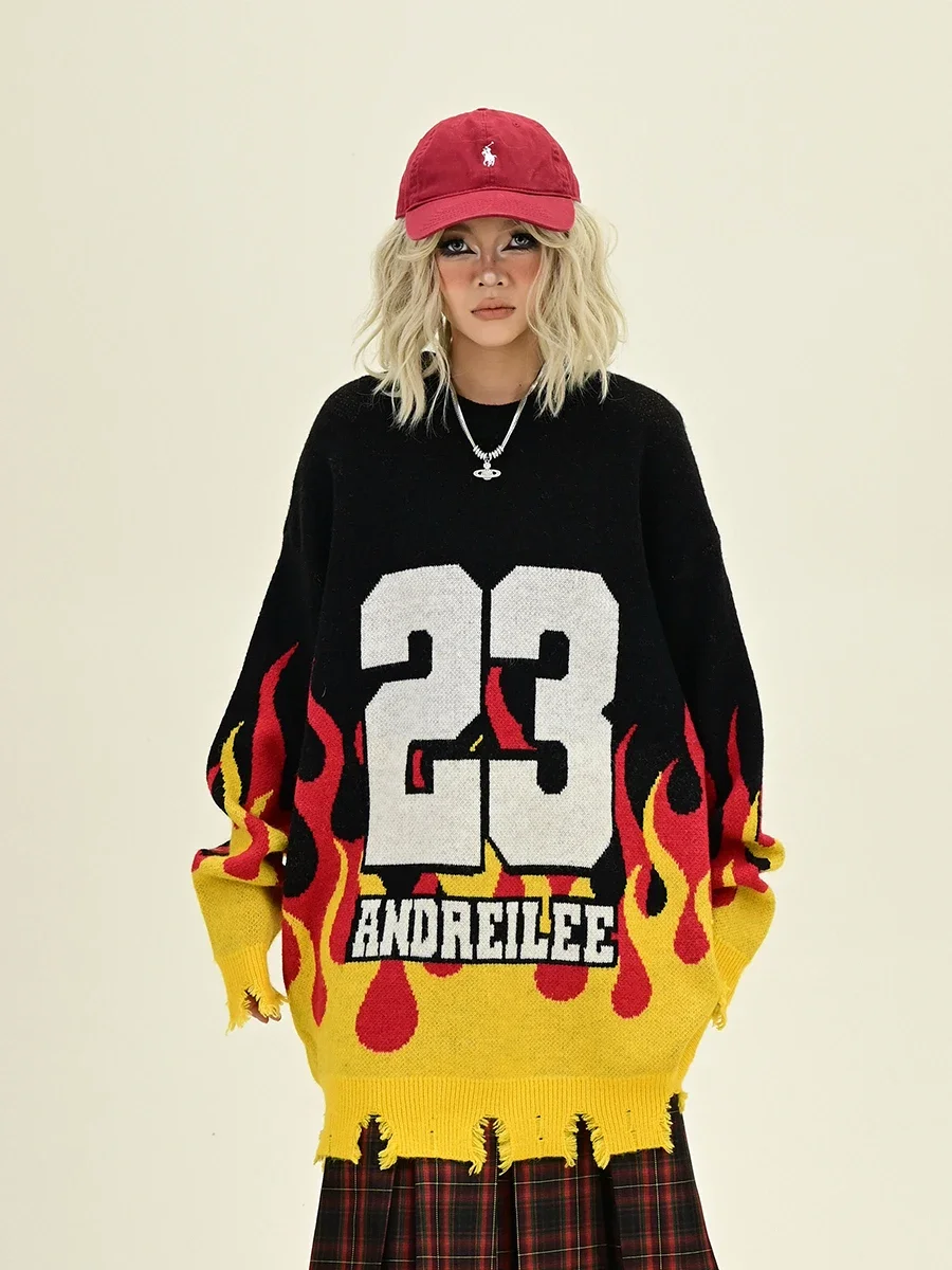 Flame Letter Printing Crew Neck Sweaters Women's 2024 Winter New Loose Bf American Trendy Brand Knitting