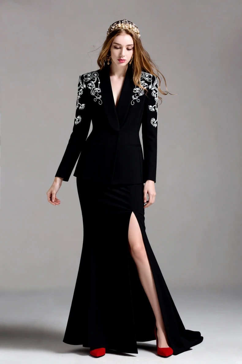 Zweiteiliges Damen-Set, schwarz bestickter Blazer und Meerjungfrauenrock, eleganter Langarmanzug mit Schulterperlen und Seitenschlitz