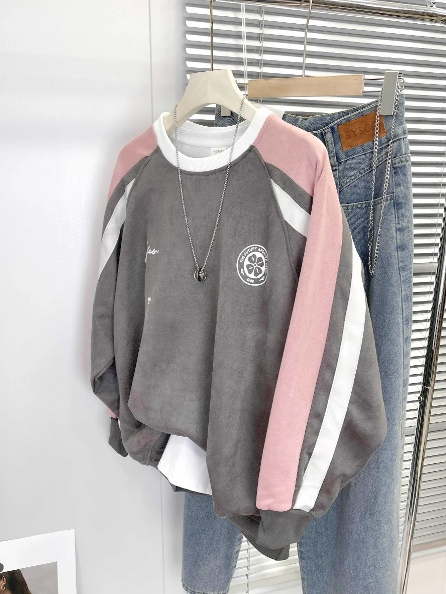 

Оверсайз худи с рукавами из оленьей кожи и бархатными вставками, для женщин, осенний американский уличный дизайн, длинный рукав