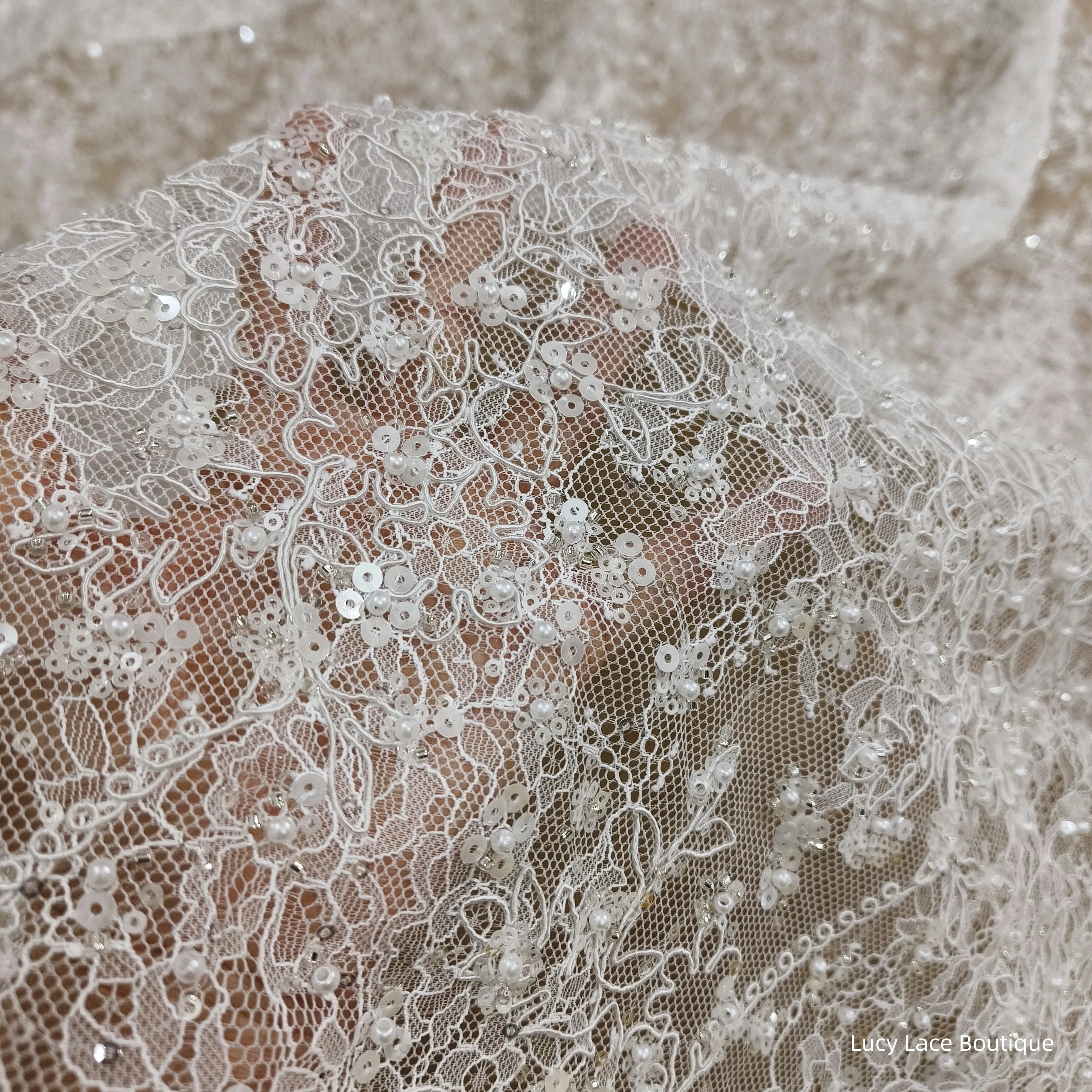 1.45M Wide Off White Colour Beading on Lace Base Great Brightness Shiny Cording Lace Fabric Luxury Wedding Dress Materials 2025