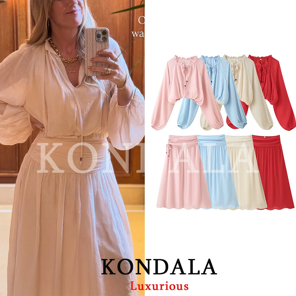 KONDALA Elegant Sweet Chic Women Skirt Suit O-Neck Bow Short Top Lace-up Long Skirt Fashion 2026 Autumn Party Night Out Suit
